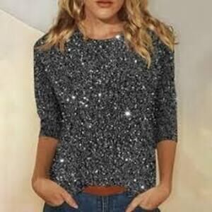 J. Crew Metallic Sequin 3/4Sleeve Stretch Sparkly Blouse Boatneck 2 Black Silver